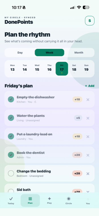 DonePoints weekly plan screen