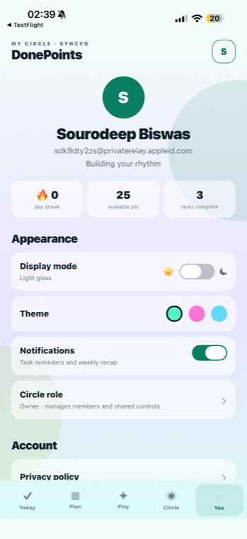 DonePoints profile and appearance screen